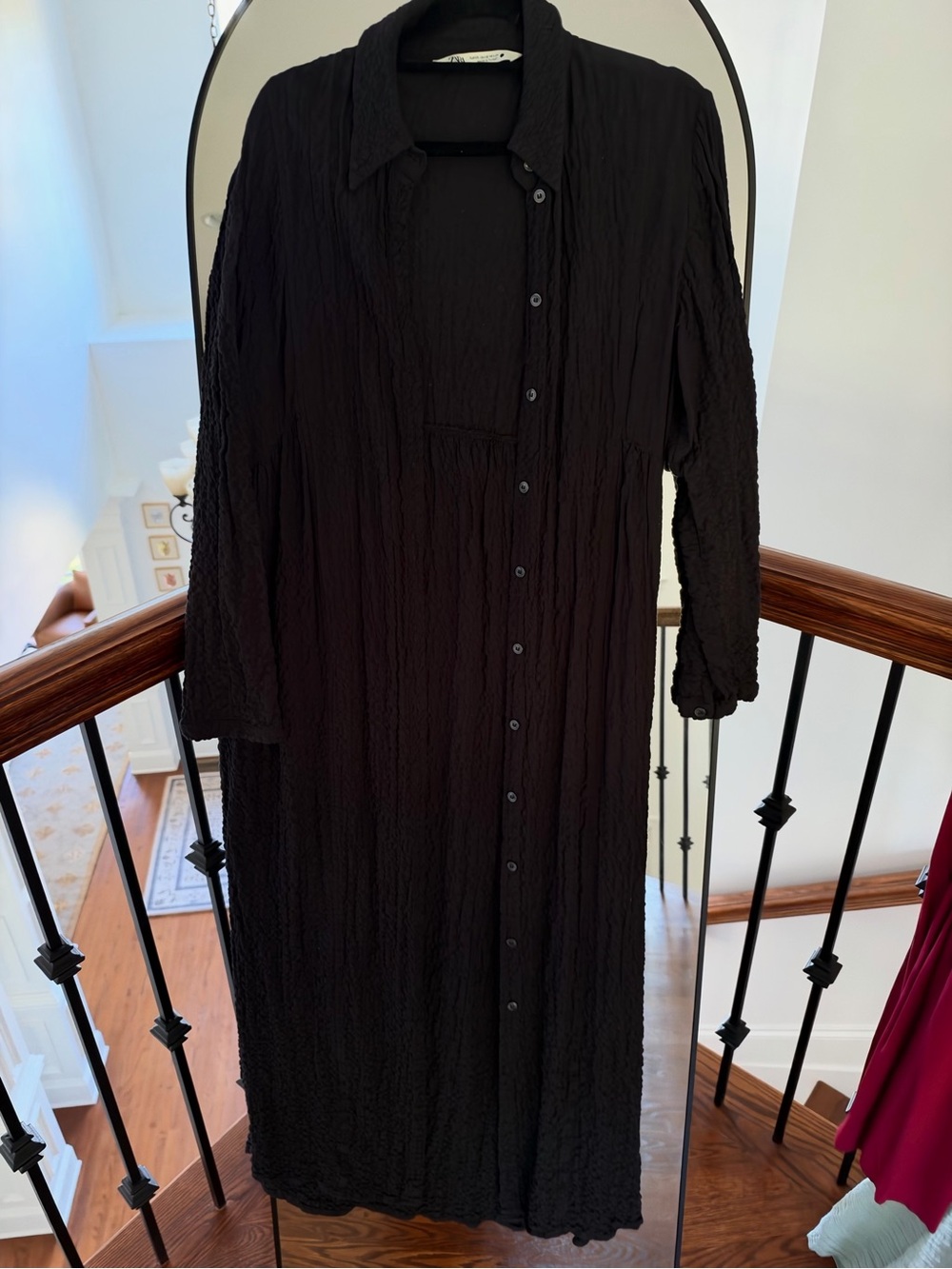 Zara Black Long Button-Front Crinkle Dress